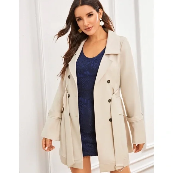 ♦️ LAST 2 Tan Belted Lapel Button Up Trench Coat - Picture 3 of 7